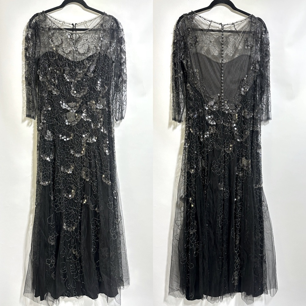 Jenny Packham Black embellished beaded sequin tulle Evening gown Dress size 12